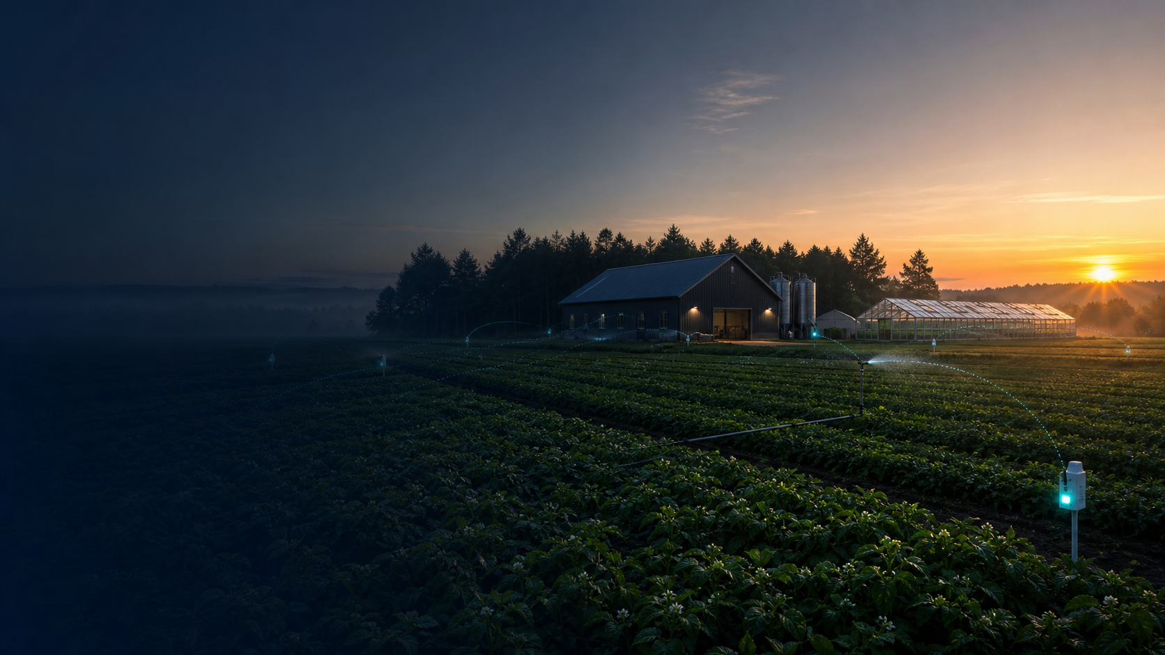 Modern uppkopplad gård med fält, ladugård, växthus, bevattning och trådlösa sensorer vid soluppgång