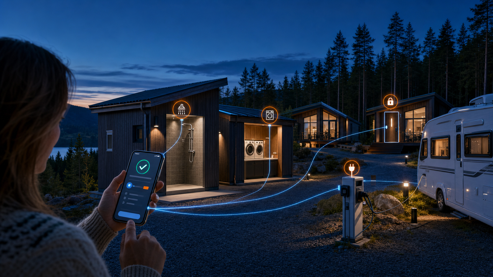 Uppkopplad campingplats med appstyrda duschar, tvätt, platsel och stugaccess